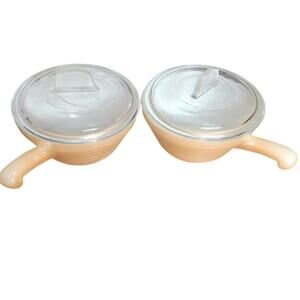 2 Vintage Peach luster soup bowls with lids anchor hocking